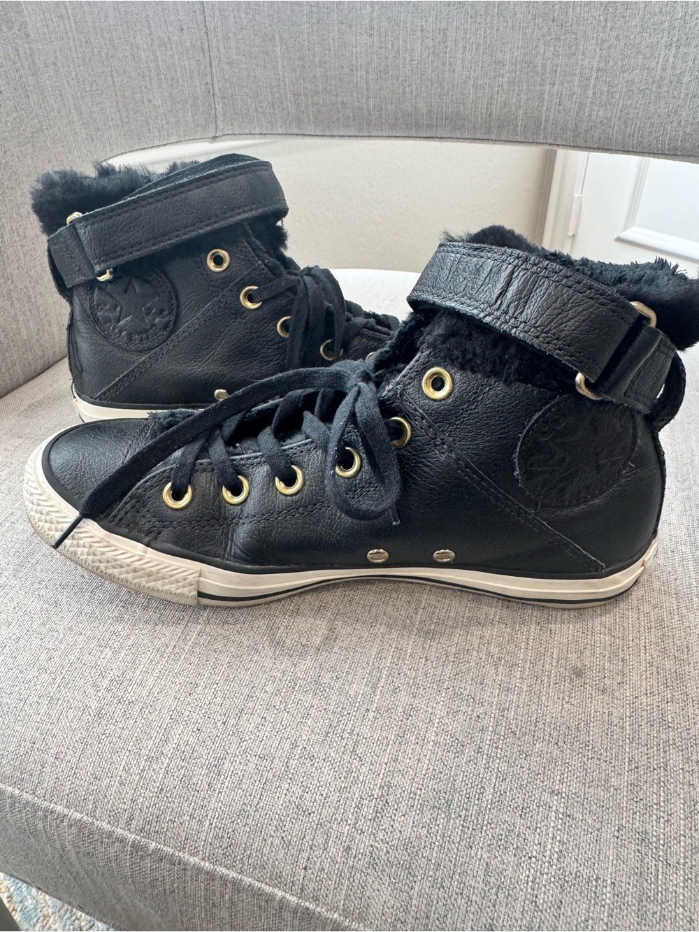 Black Fur-Lined High-Top Sneakers with Ankle Strap